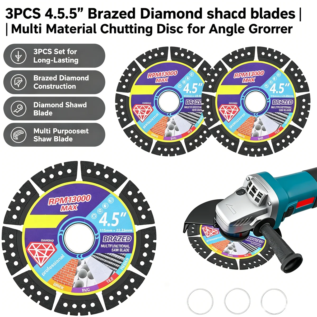 Angle Grinder 4.5 - 3Pcs 4.5 Inch Brazed Diamond Saw